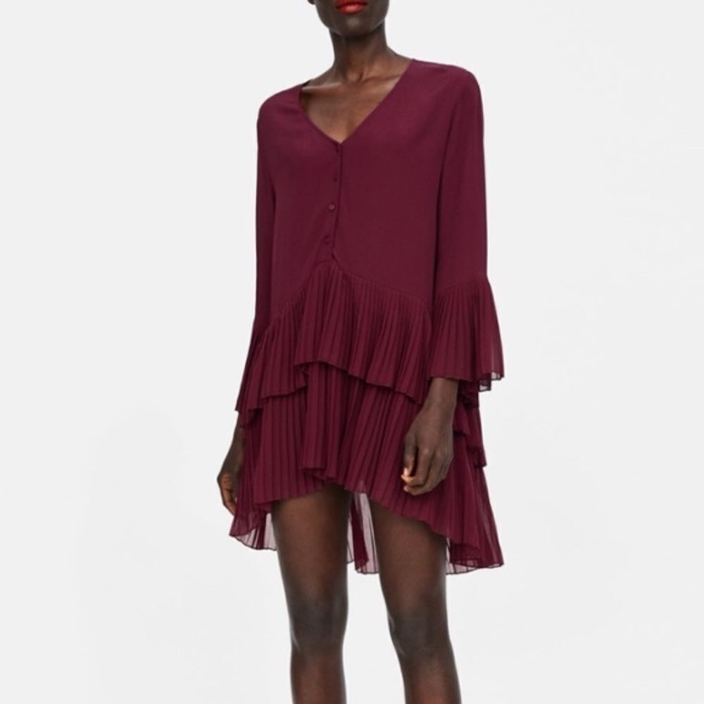 Zara Woman‎ Burgundy Pleated Sleeve And Hem Tunic Shirtdress Sz S